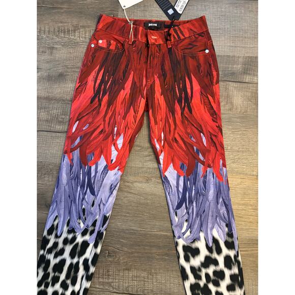 NWT Just Cavalli Feather Leopard Print Skinny Jeans Red Purple Y2K Size S 25.5 - Picture 2 of 13